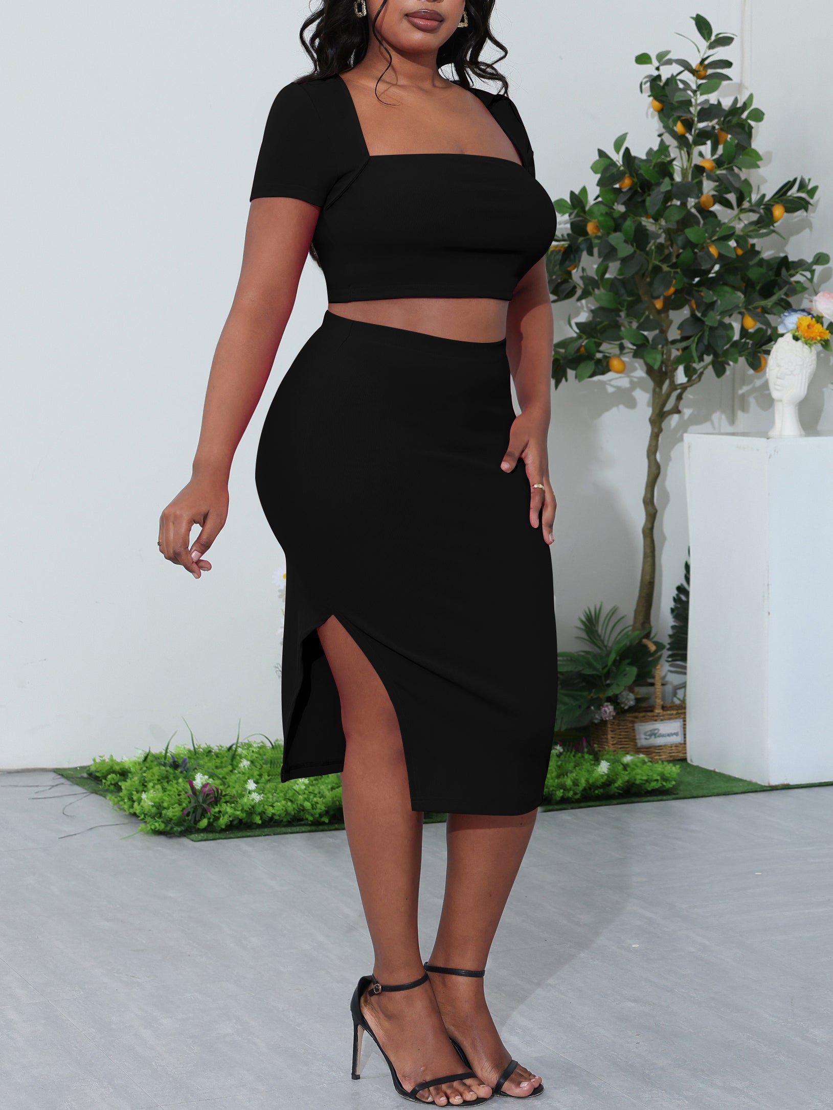 Square Neck Crop Top Side-Slit Midi Skirt