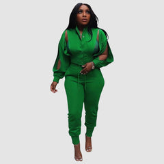Lapel Hollow Out Top Drawstring Pant set
