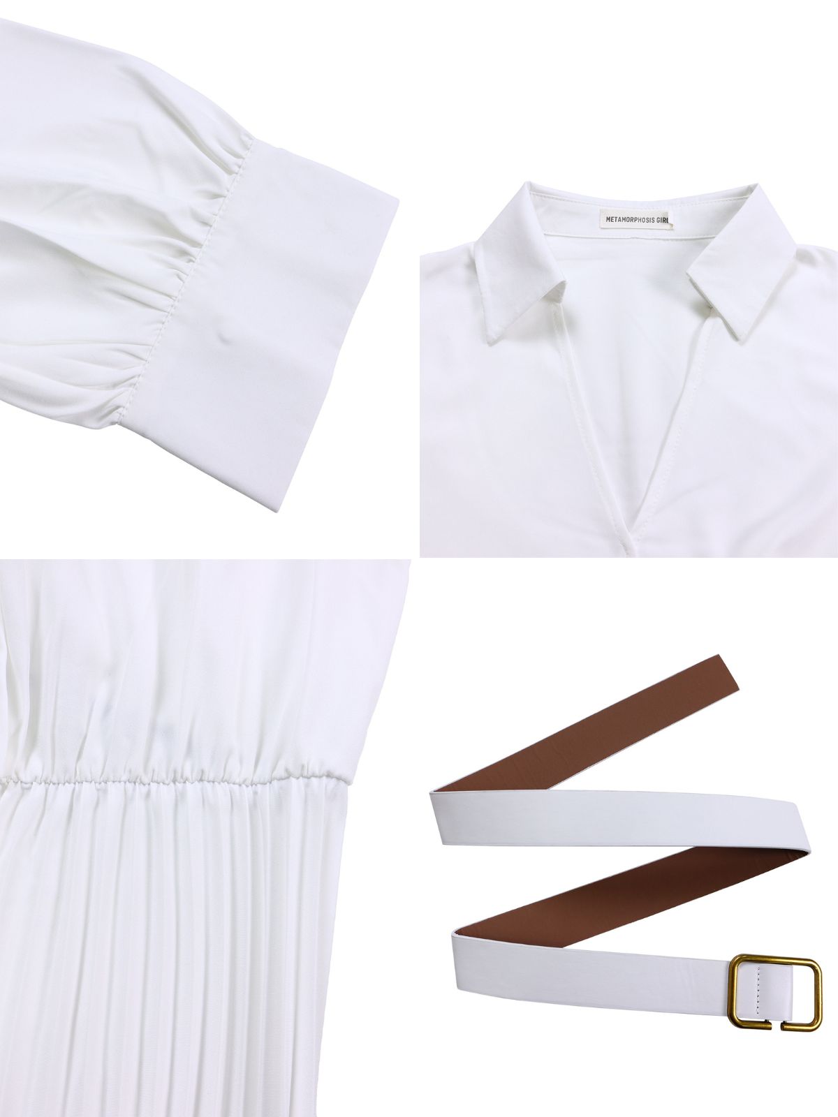 Solid Color V-Neck Pleated Dress with Belt