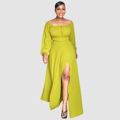 Off-Shoulder Crop Top Split Skirt Set