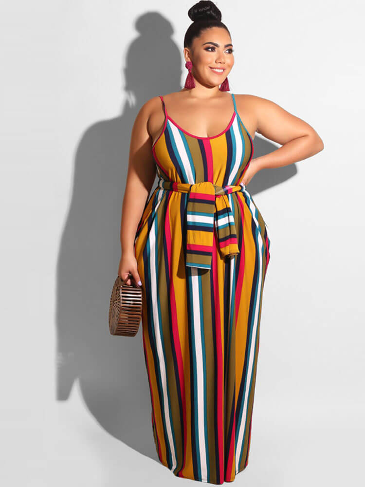 Plus Size Spaghetti Strap Striped Maxi Dress