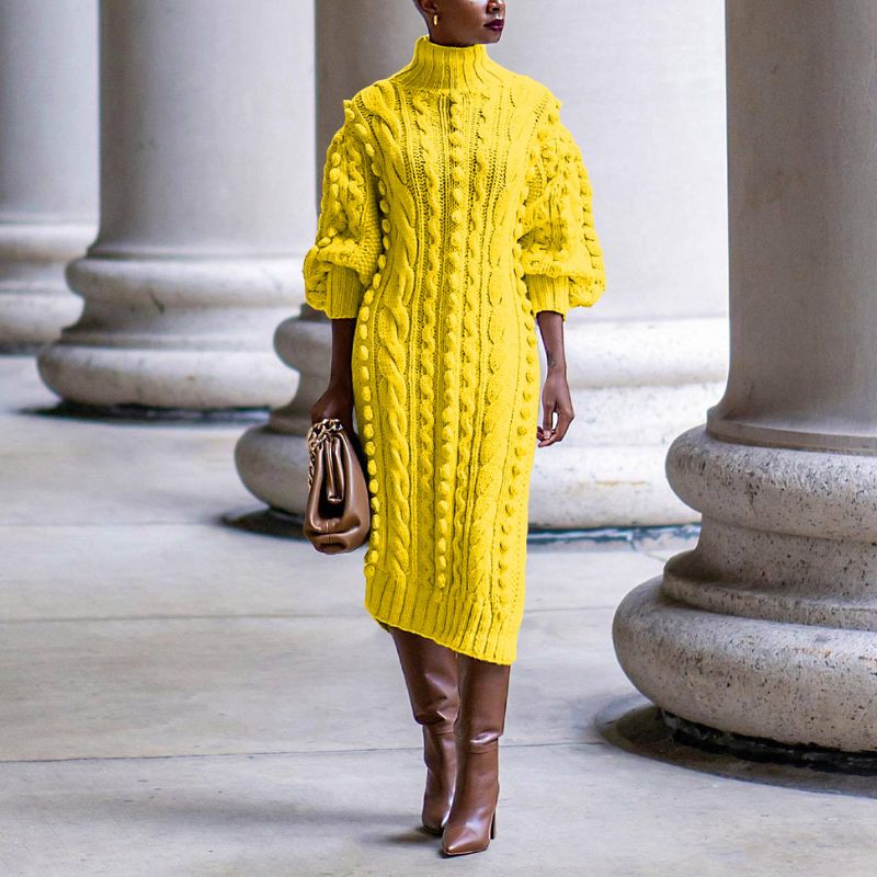 High Collar Slit knit Midi Dress