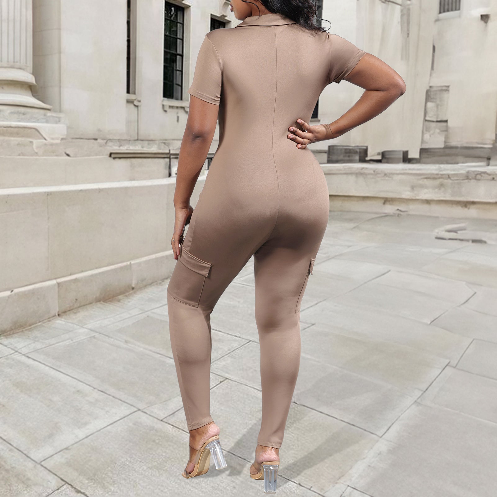 V-Neck Solid Color Bodycon Jumpsuit