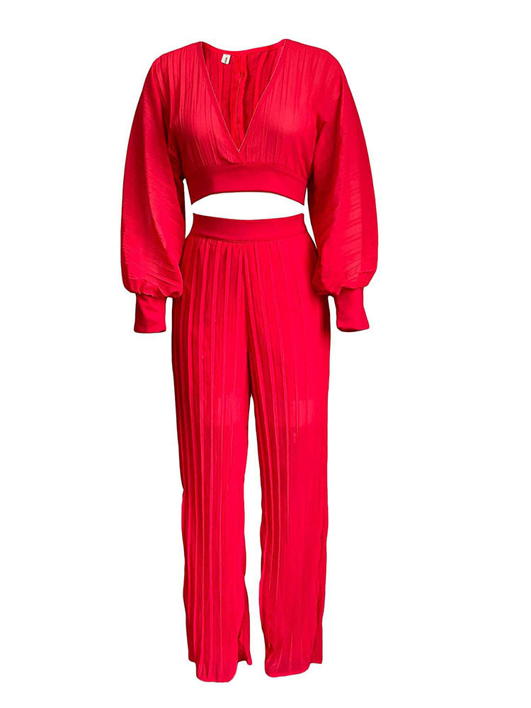 Long Sleeve V-Neck Top and Wide Leg Pants Set