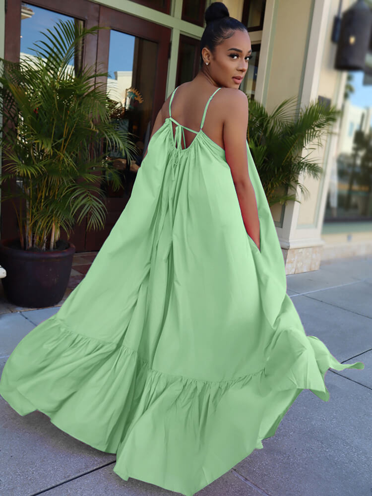 Plus Size Spaghetti Strap Ruffle Beach Maxi Swing Dress