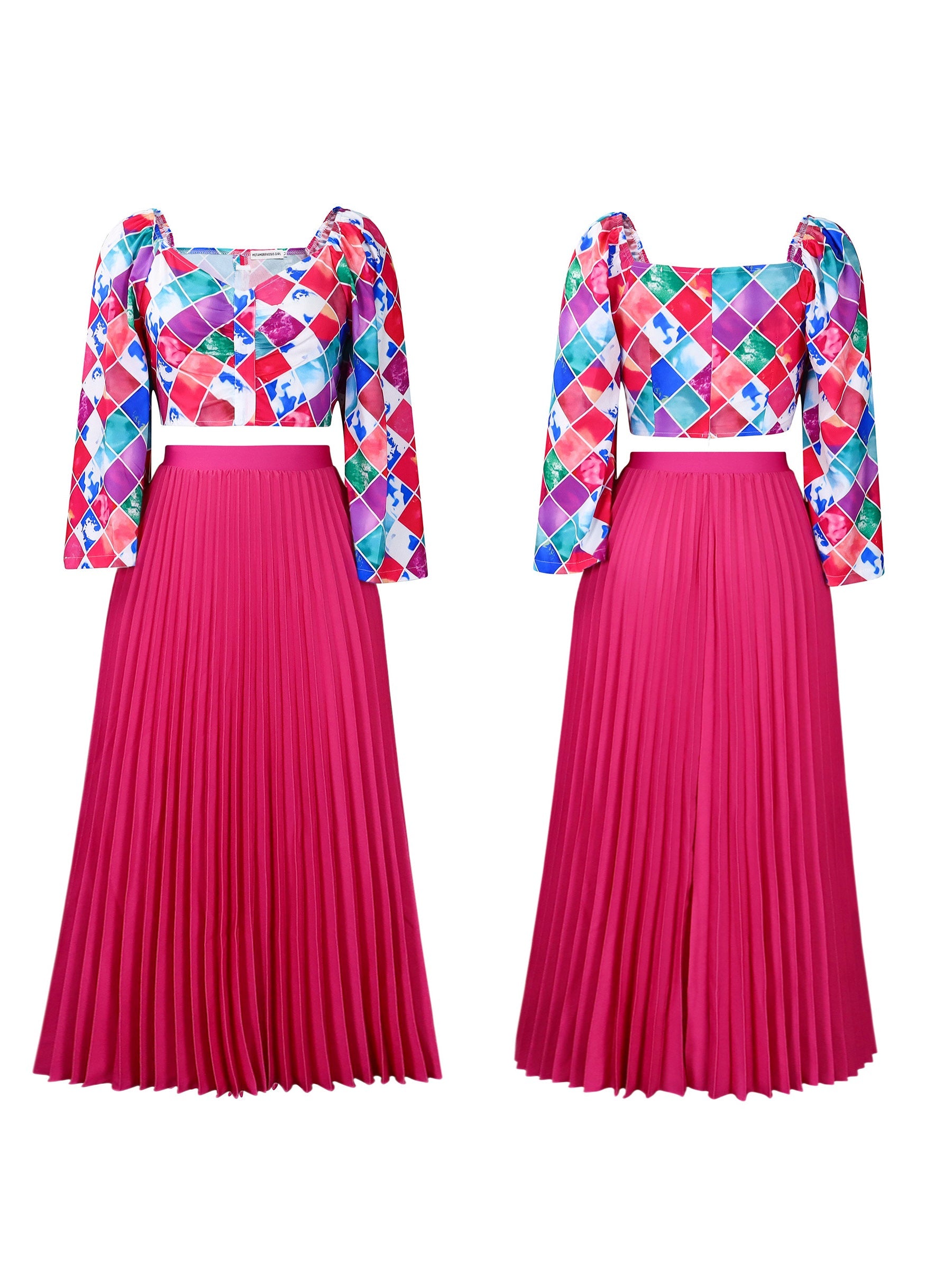 V-Neck Printed Top & Pleated Skirt Two-Piece Set