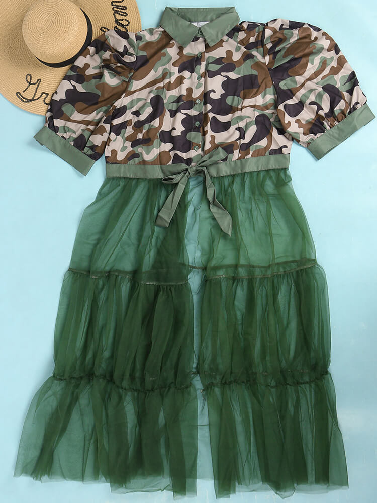 Mesh Patchwork Short Sleeve Camouflage V Neck Top