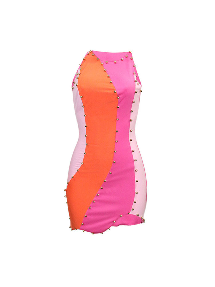 Sleeveless Color Block Beads Mini Dress