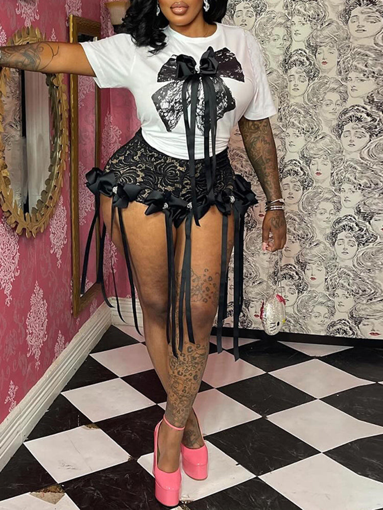 3D Butterfly Print Loose Top & Lace Shorts Set