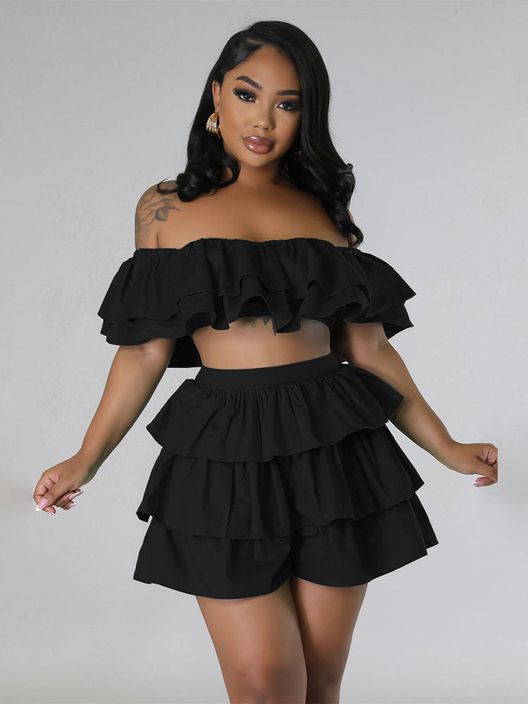 Ruffled Edge Bandeau Crop Top Shorts Set