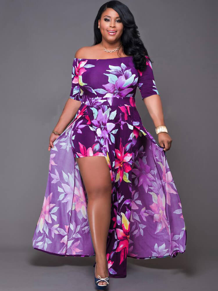 Off Shoulder Floral Print Romper High Split Maxi Dress
