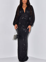Sequin Long Sleeve V-Neck Maxi Dress
