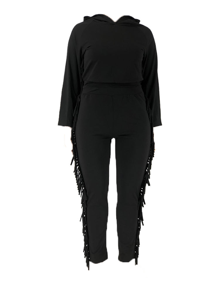 Two Pieces Plus Size Fringe Hooded Tracksuit