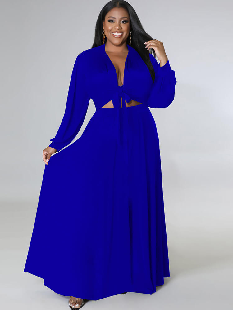 Two Piece Long Sleeve Crop Top Maxi Skirts