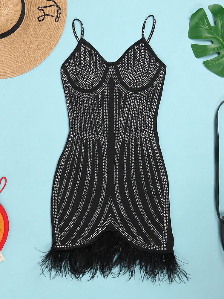 Spaghetti Strap Rhinestone Feather Mini Dress