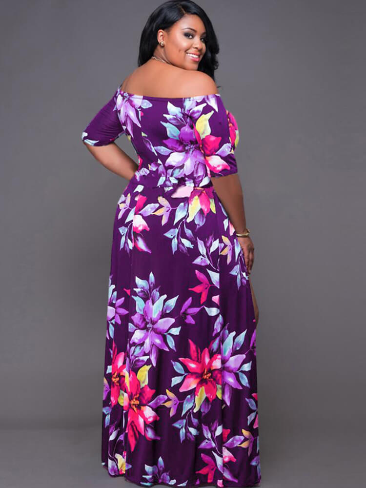 Off Shoulder Floral Print Romper High Split Maxi Dress