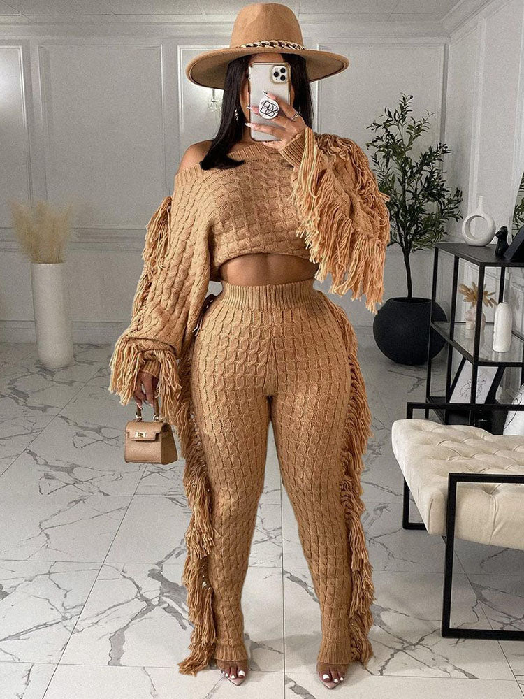 Two Piece Knitted Long Sleeve Tassel Outfits