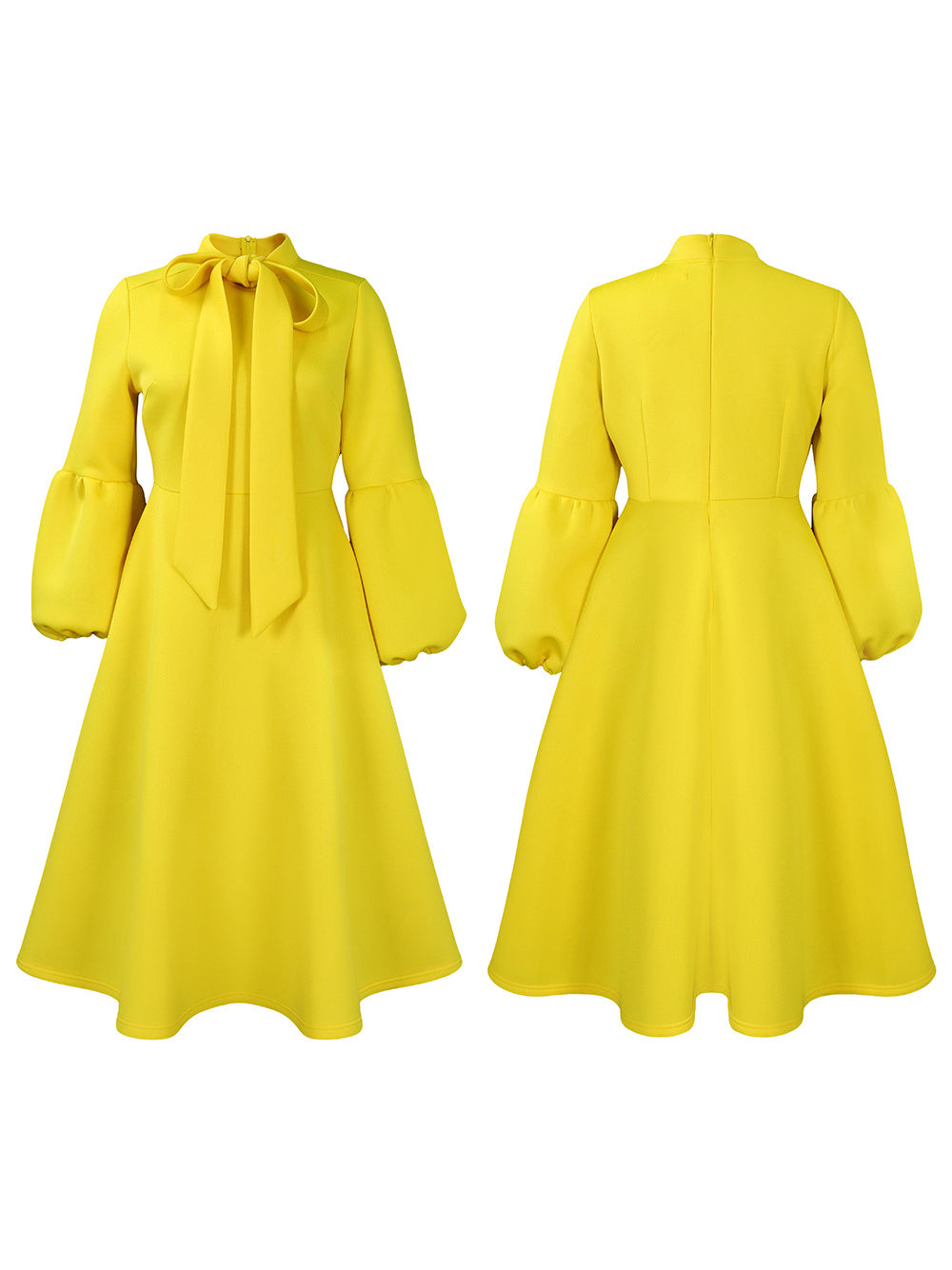 Puff Sleeve Bow-Tie Neck Flared Midi Dress