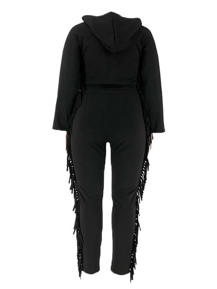 Two Pieces Plus Size Fringe Hooded Tracksuit