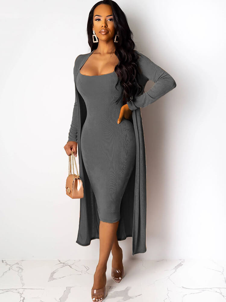 Two Piece Long Sleeve Coat Spaghetti Strap Dress