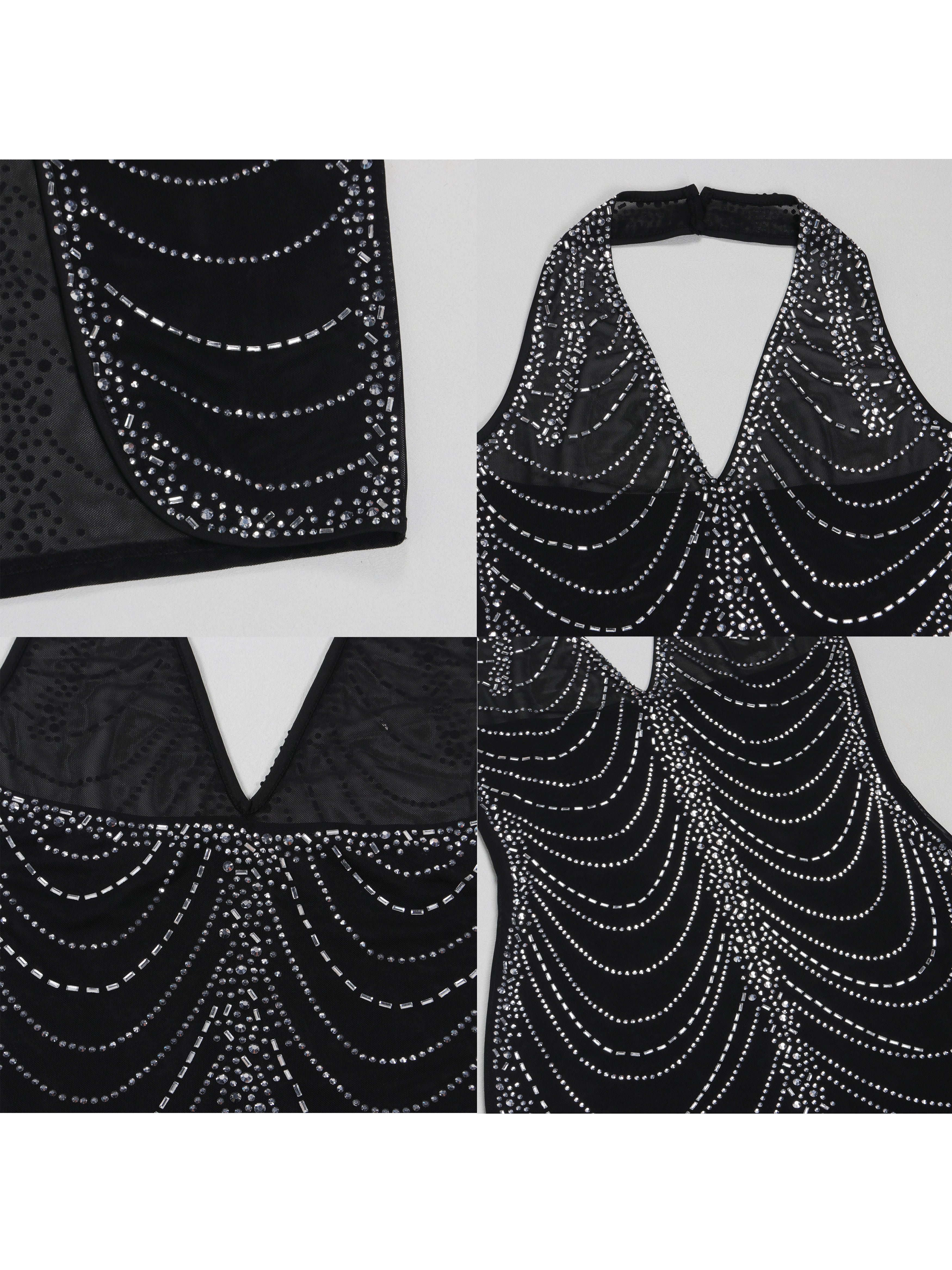 Rhinestone Halter Neck Mesh Dress