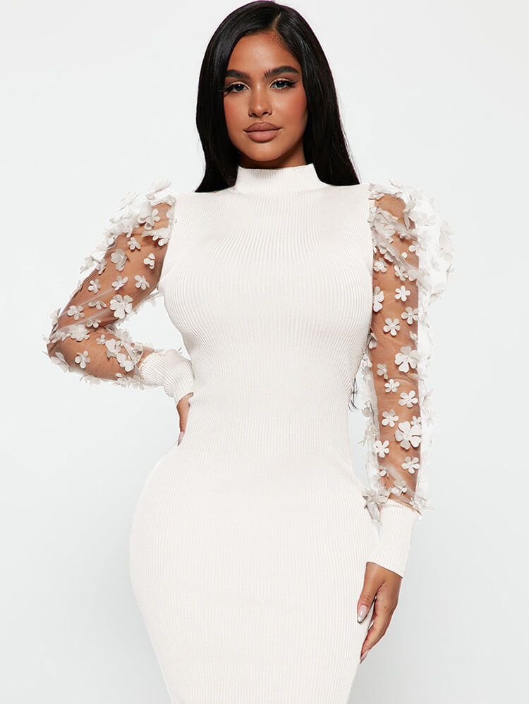 Mesh Patchwork Long Sleeve Floral Midi Dress