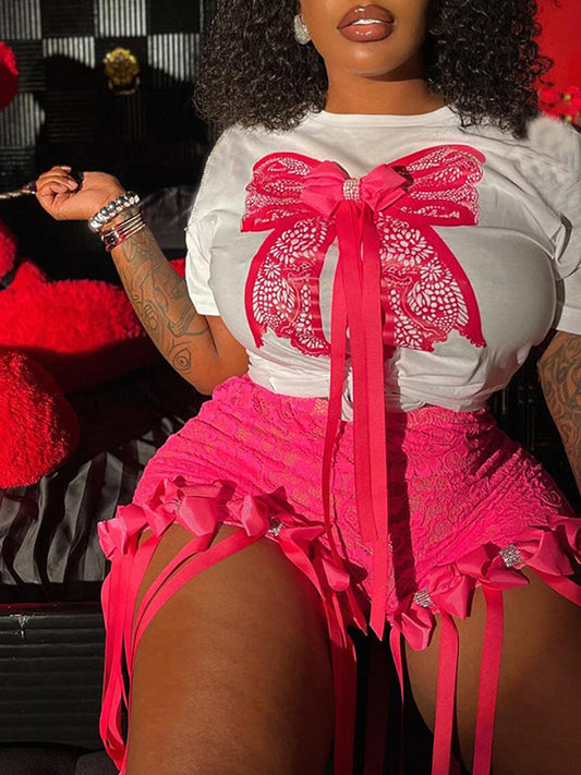 3D Butterfly Print Loose Top & Lace Shorts Set 750