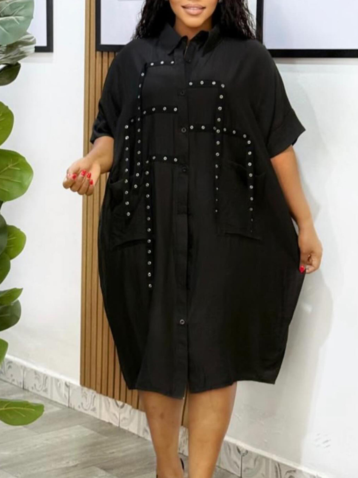 Studded Trim Oversized Shirt Midi Dress