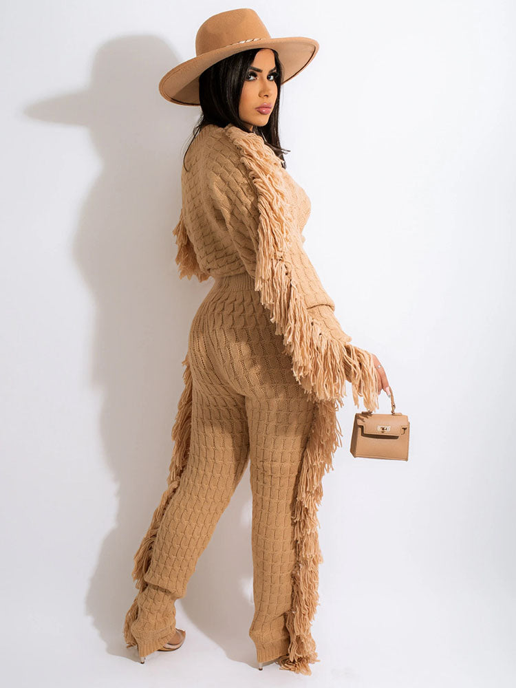 Two Piece Knitted Long Sleeve Tassel Outfits