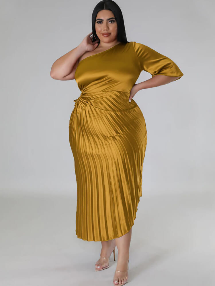 One Shoulder Lace Up Ruched Maxi Dress