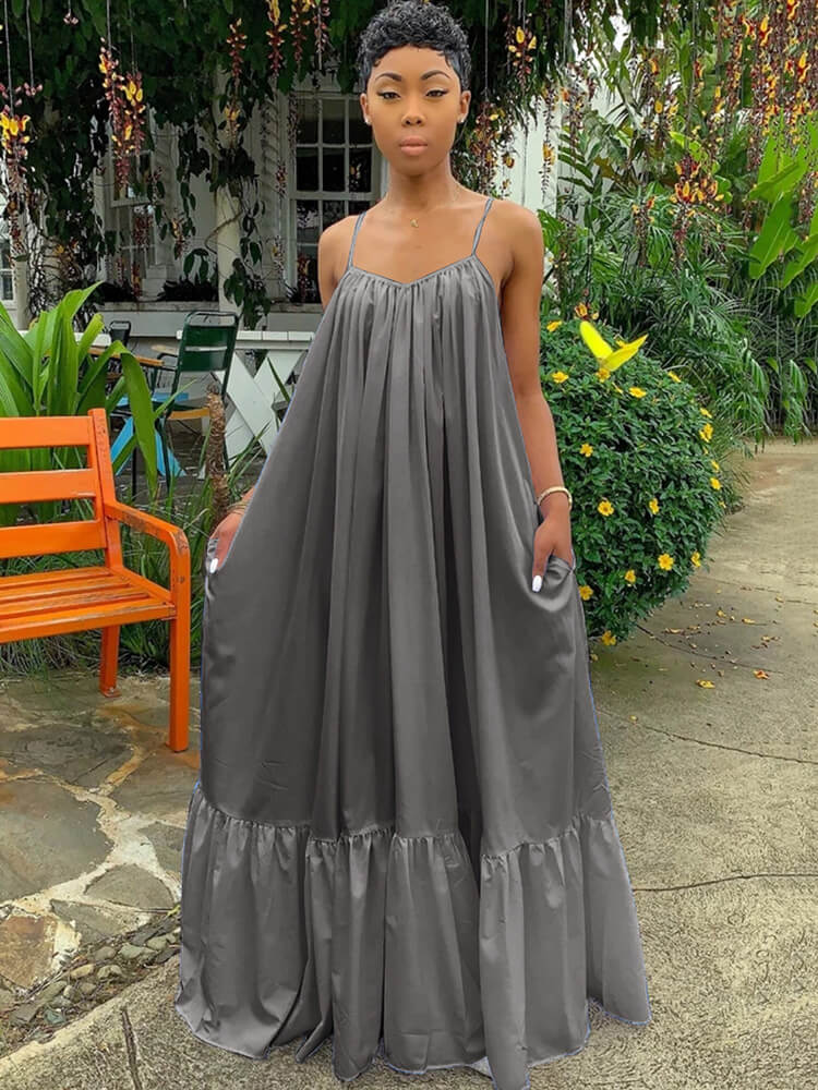 Plus Size Spaghetti Strap Ruffle Beach Maxi Swing Dress