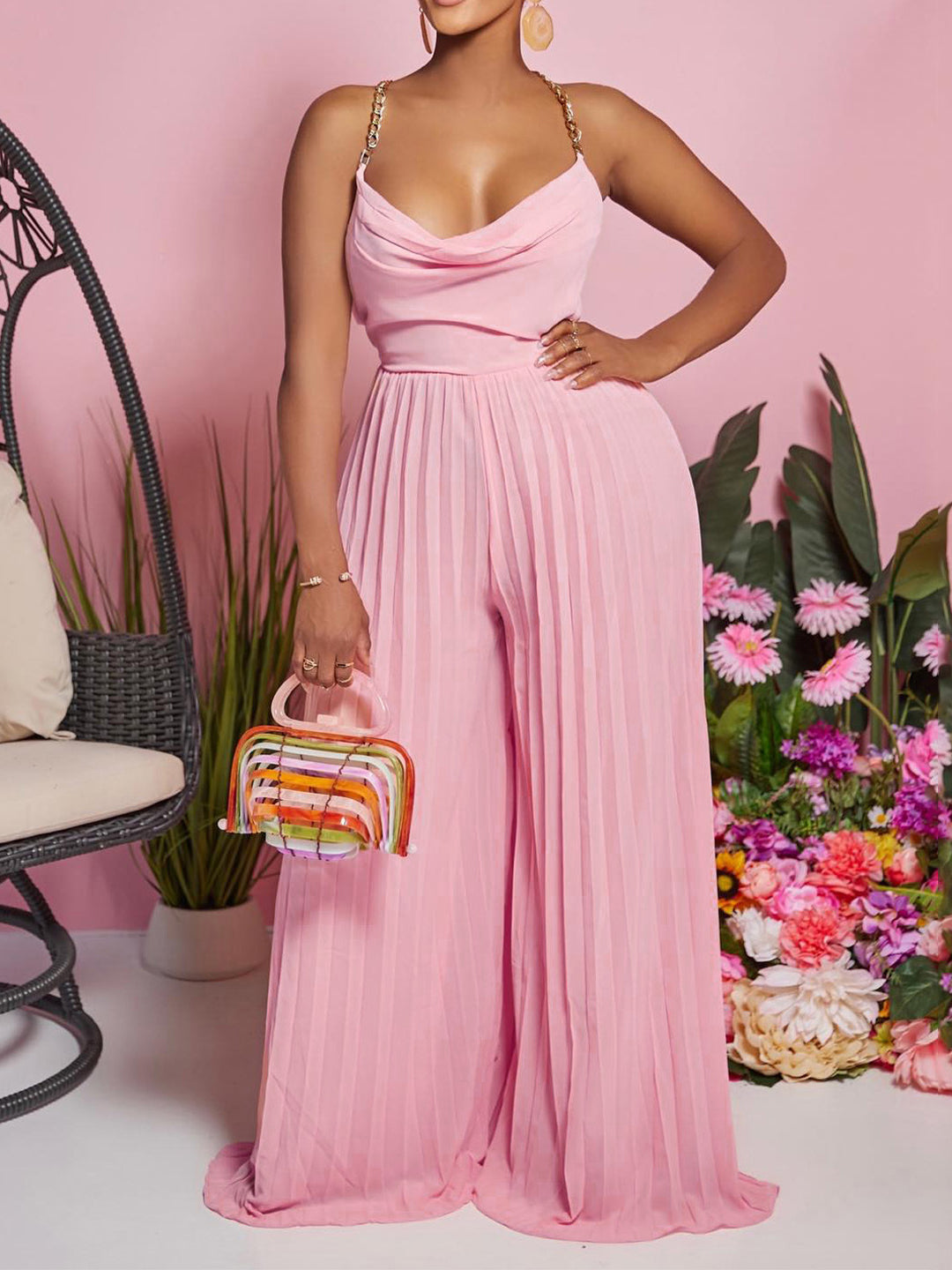 Chain Halter Backless Pleated Jumpsuit