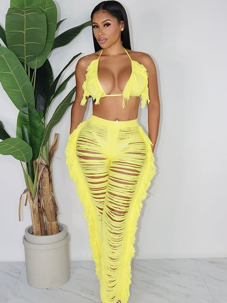 Two Piece Halter Tassel Top Bodycon Pants