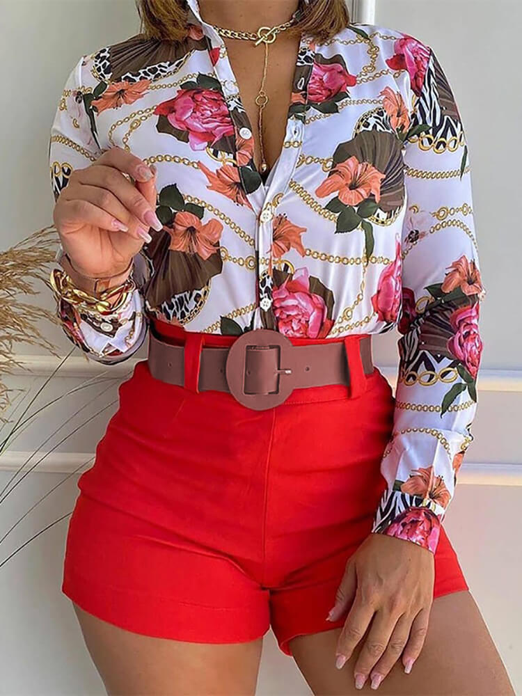 Two Piece Long Sleeve Shirt High Waist Shorts