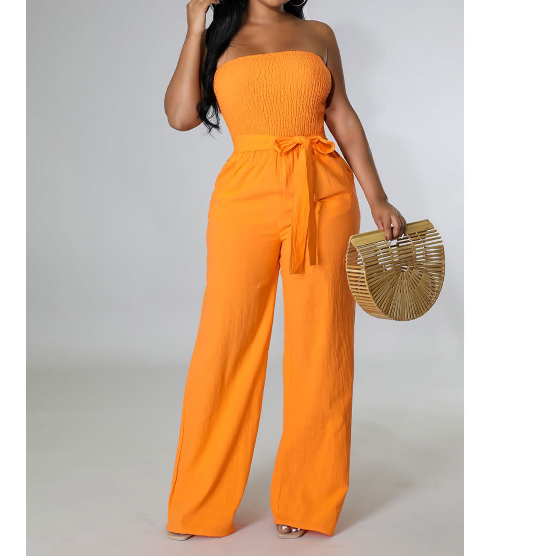 Off Shoulder Strapless Belted Wide Leg Jumpsuit