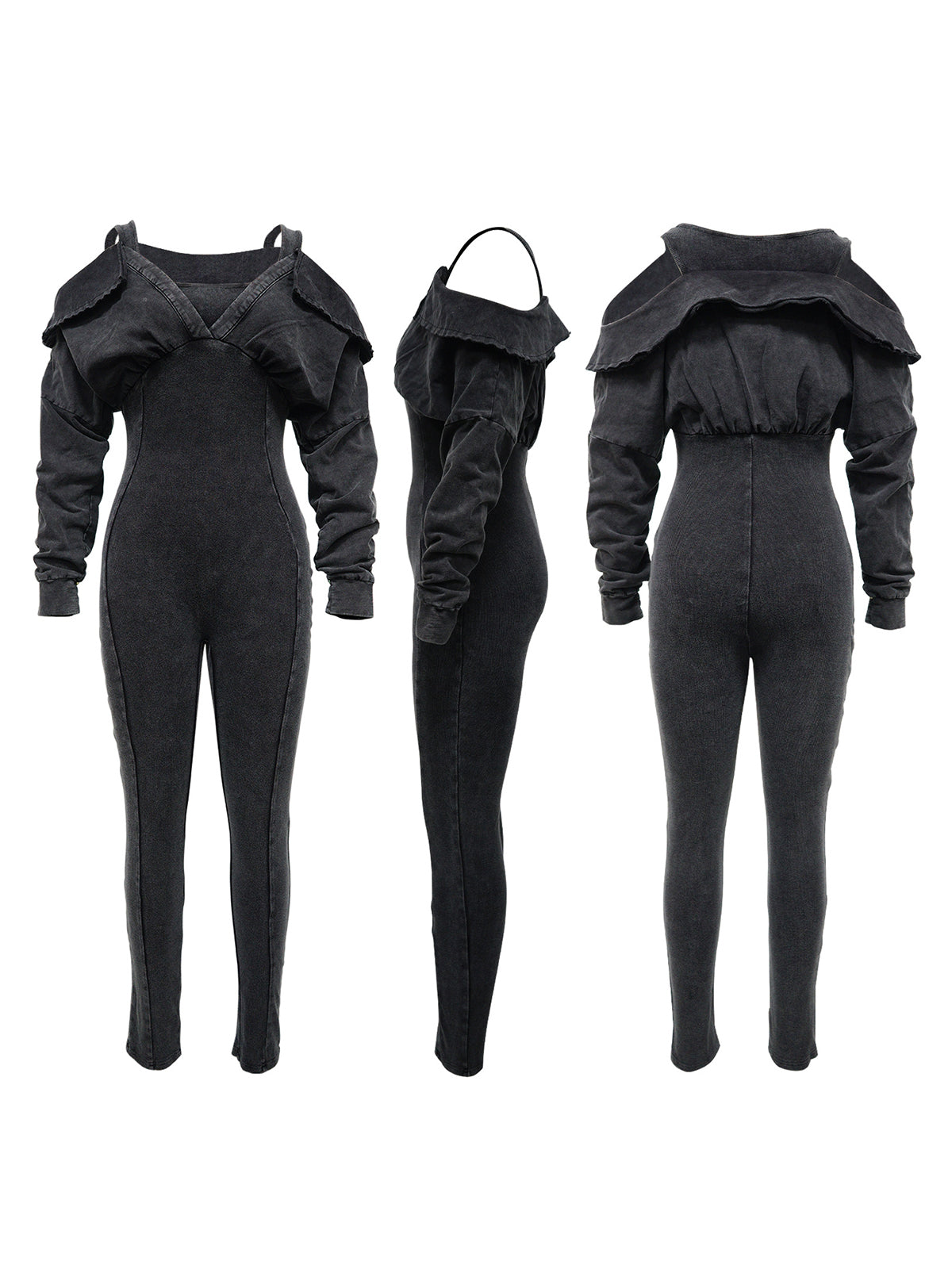 Off Shoulder Long Sleeve Ribbed Jumpsuit