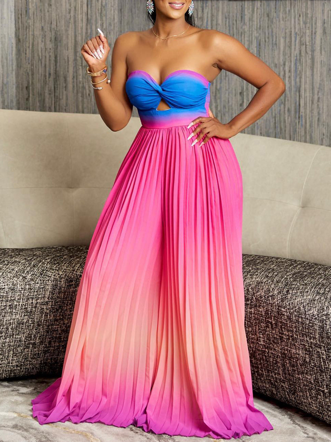 Strapless Gradient Rainbow Backless Jumpsuit