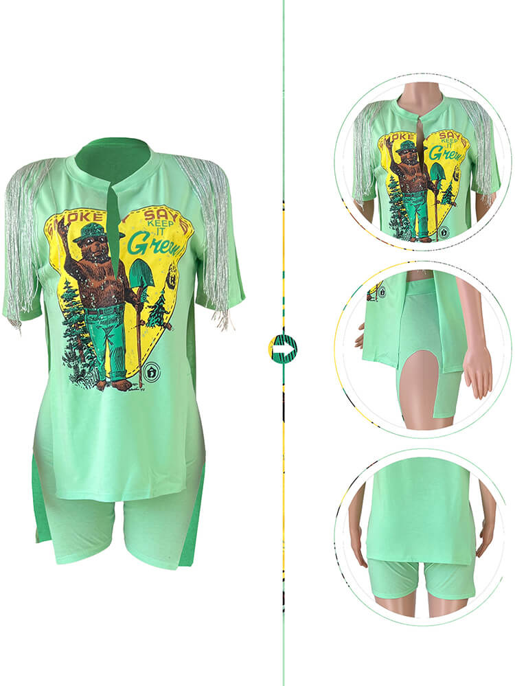 Two Piece Short Sleeve Figure Print Top Slit Shorts
