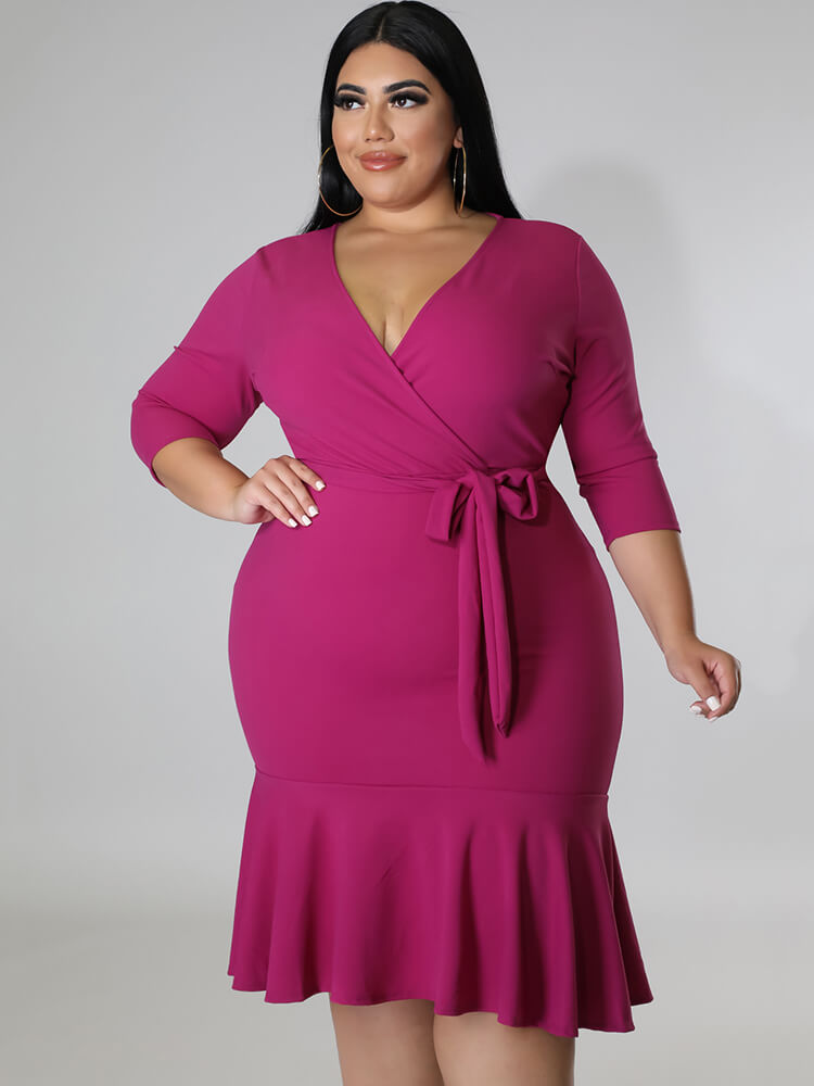 Half Sleeve Lace Up Ruffle Bodycon Midi Dress