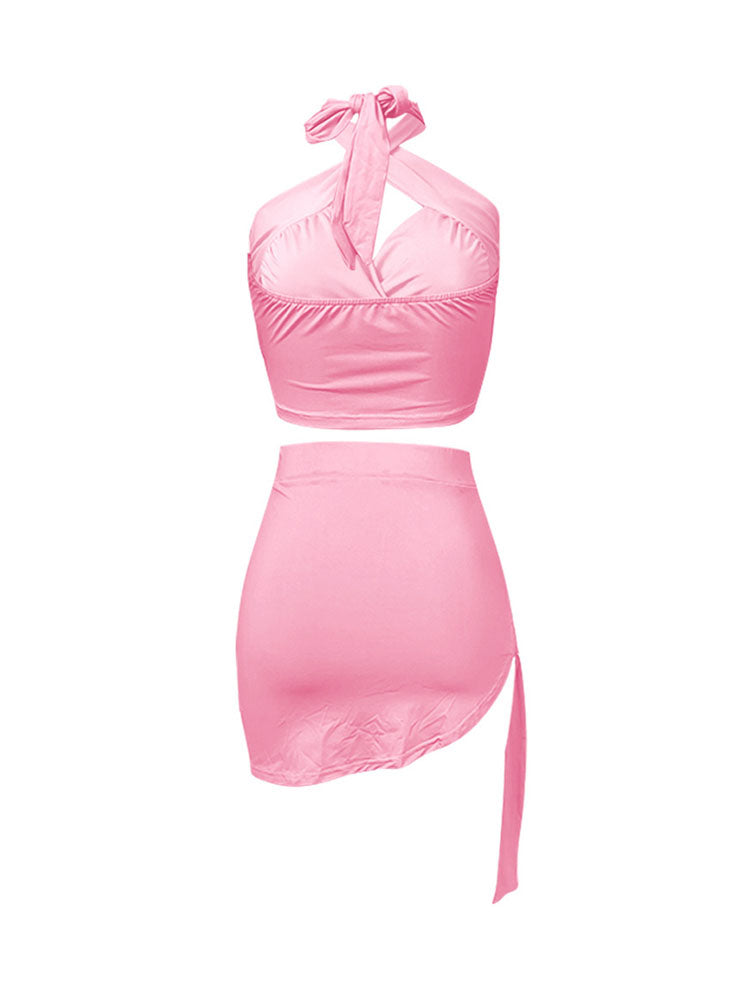 Two Piece Crisscross Crop Top Mini Skirts