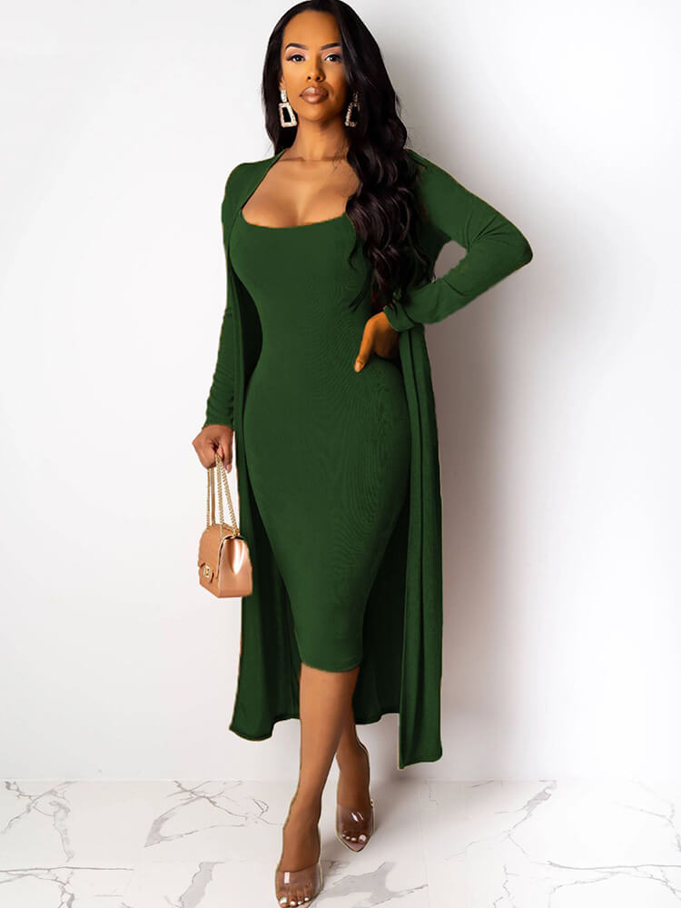 Two Piece Long Sleeve Coat Spaghetti Strap Dress