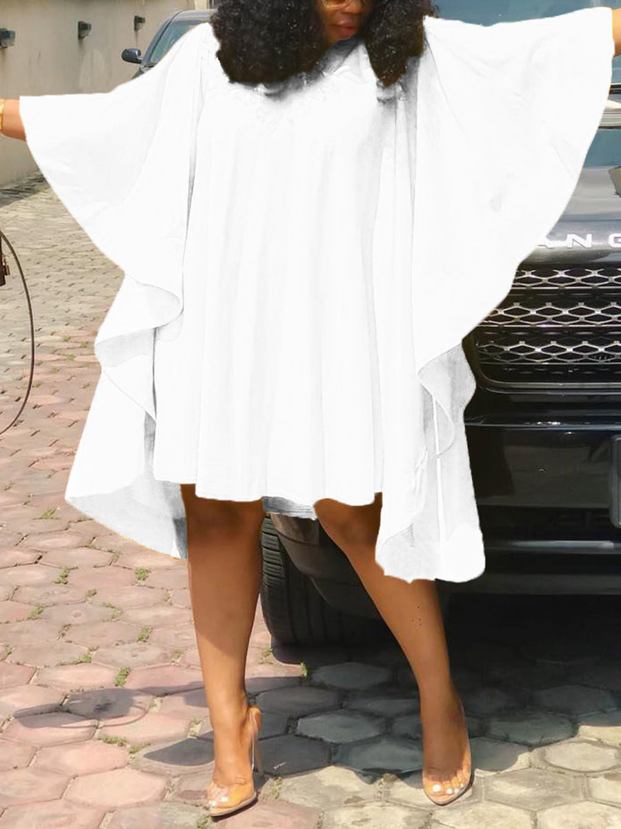Plus Size Batwing Sleeve Ruffle Midi Dress