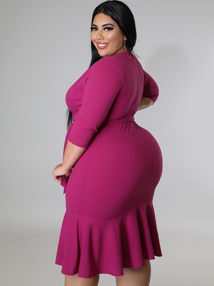 Half Sleeve Lace Up Ruffle Bodycon Midi Dress