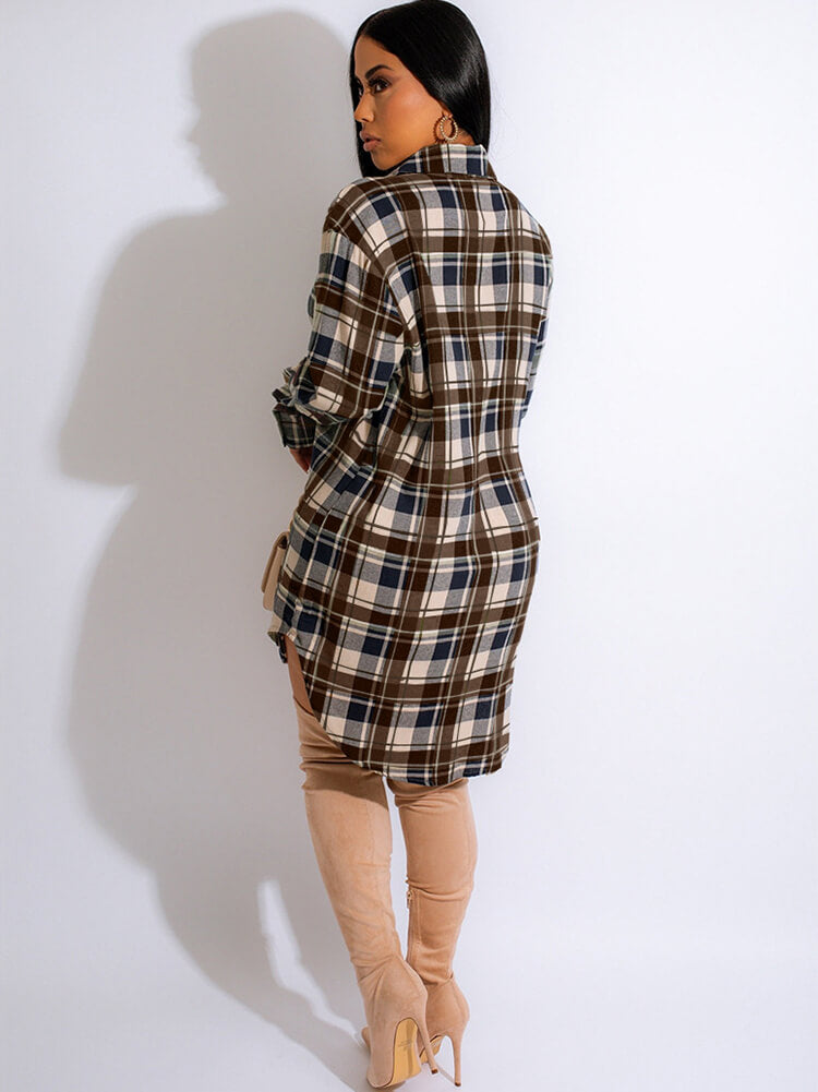 Long Sleeve Plaid Print Mini Dress Blouse