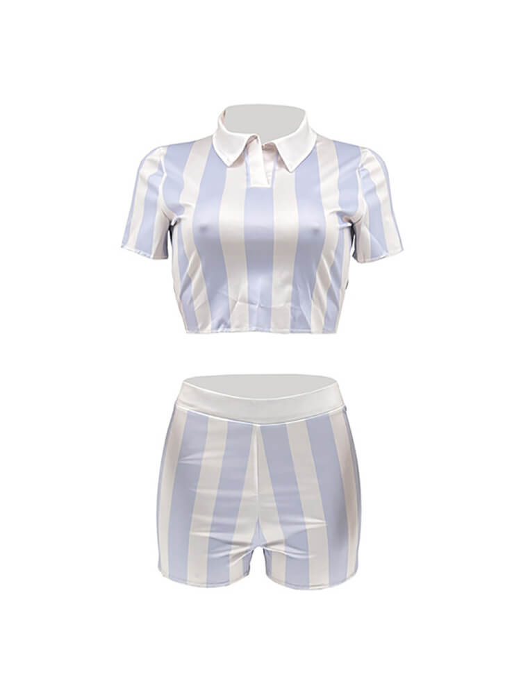 Two Piece Short Sleeve Striped Crop Top Shorts