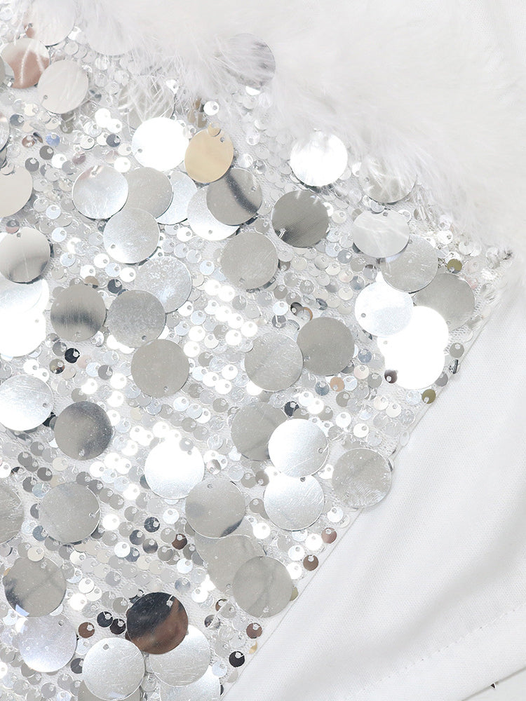 Sequin Halter Backless Feather Trim Dress