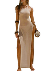 Halter Wrap Sleeveless Slit Maxi Dress