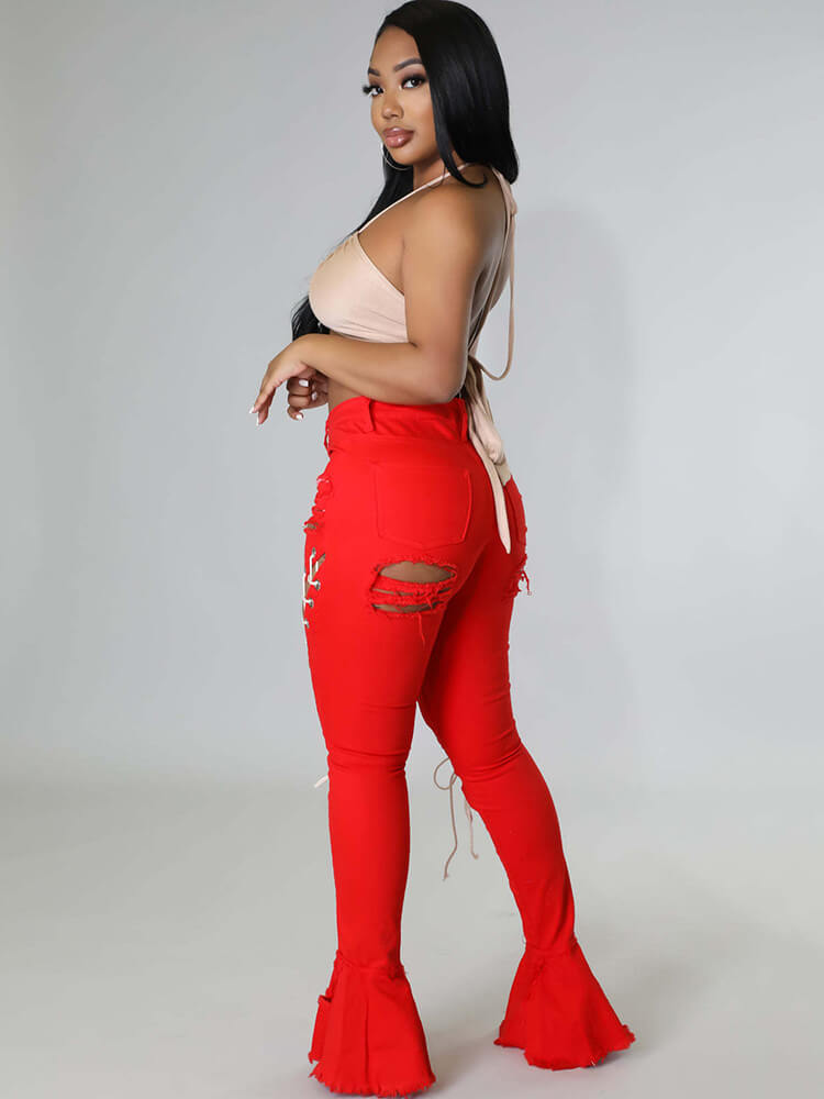 Denim Criss Cross Ripped Bodycon Flare Jeans