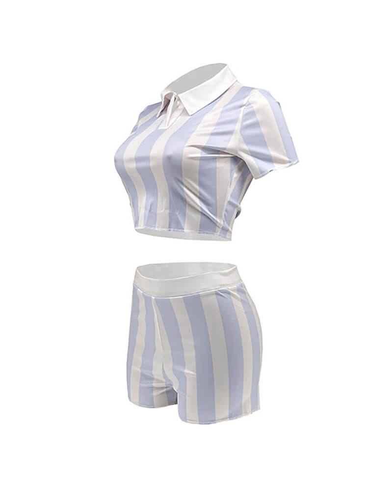 Two Piece Short Sleeve Striped Crop Top Shorts