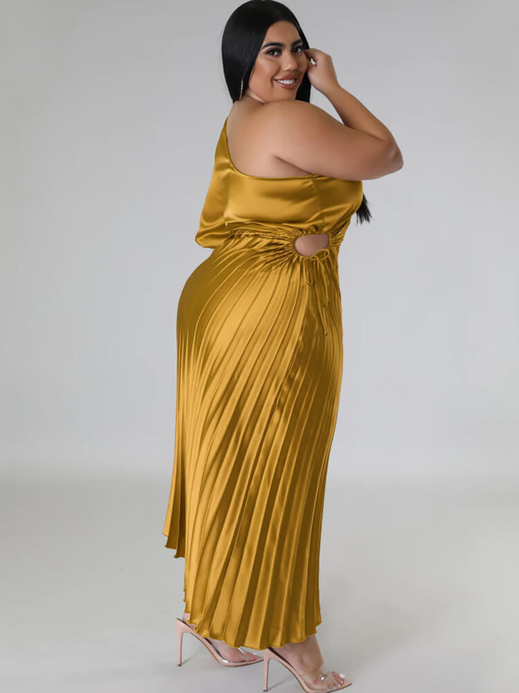 One Shoulder Lace Up Ruched Maxi Dress